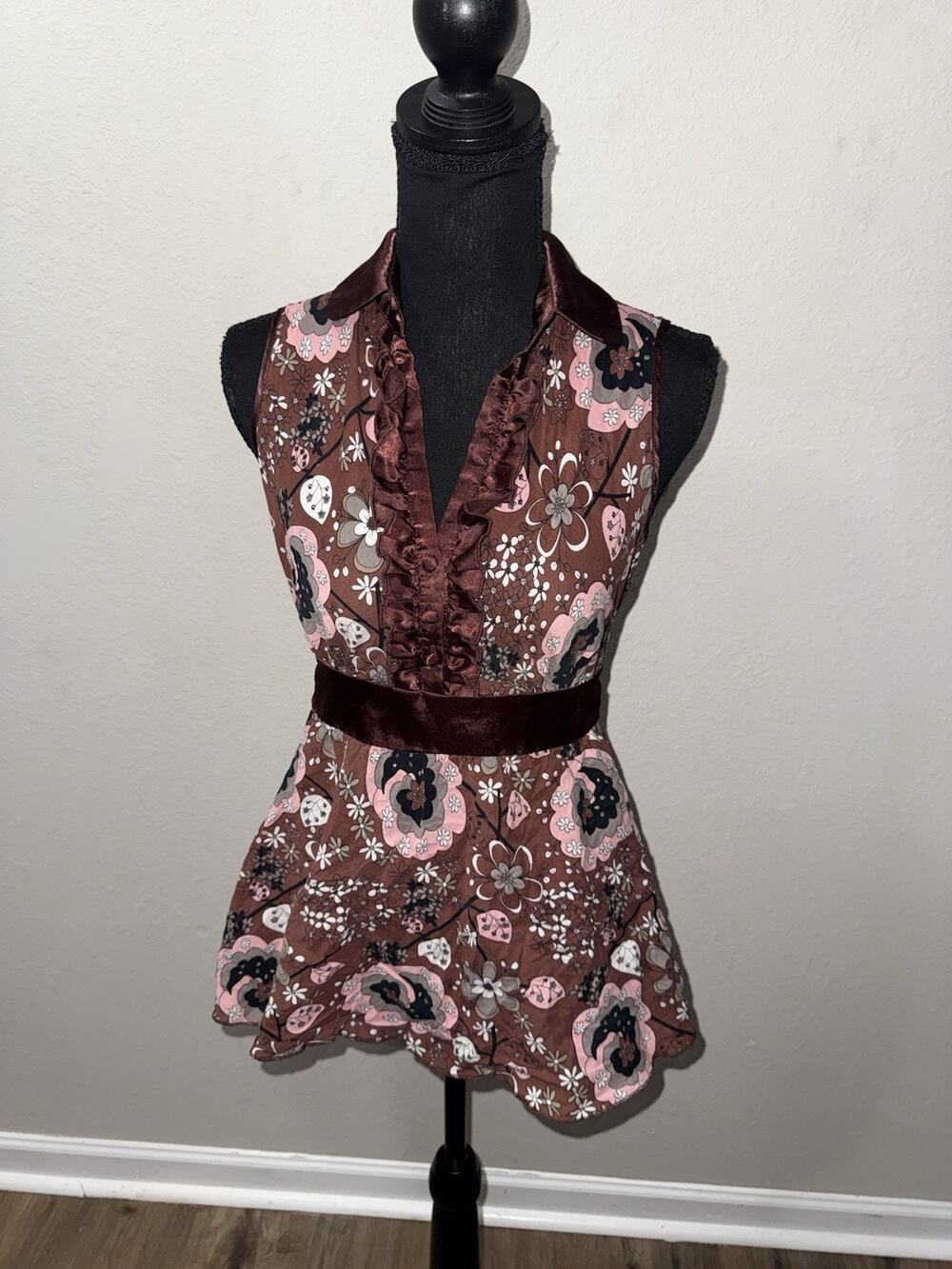 Max Rave Womens Medium Floral Ruffle Sleeveless Babydoll Top Brown Y2K